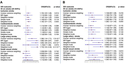 Figure 5 Mendelian randomization analysis of myocardial infarction for the risk of ischemic stroke and its subtypes. (A) The effect of all selected SNPs related to myocardial infarction on stroke and its subtypes. (B) The causal effect of myocardial infarction on stroke and its subtypes after excluding the multipotent SNPs.