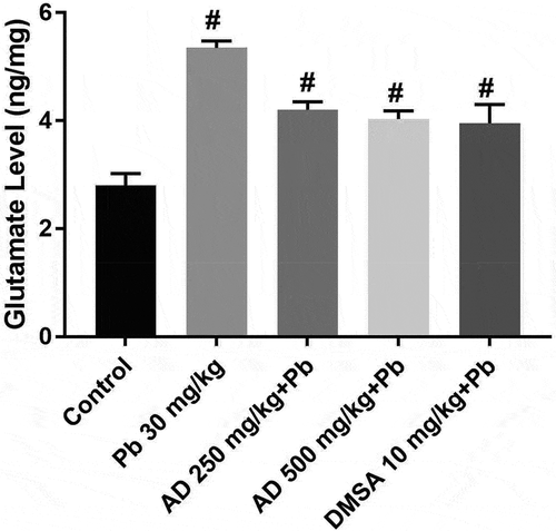 Figure 4. Glutamate concentration in the brain tissue of rats treated with Pb, AD + Pb and DMSA + Pb. # indicates significant difference with the control group at P < 0.05, (n = 4)