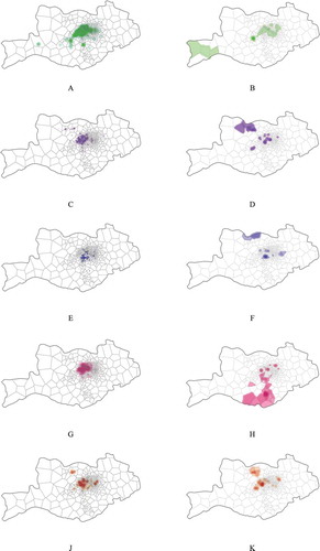 Figure 9. Trajectory distributions of urban residents and suburban residents for the five dual-centred communities. The left and right columns illustrate trajectory distributions of dual-centred community residents who live in urban and suburban area, respectively. Each row in sequence corresponds to a community in Figure 4 in the alphabetical order. Trajectories of individuals living in urban centre are distributed generally around the urban district while trajectories of persons in suburbs are distributed in both urban district and suburbs.