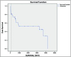 Figure 3.  Kaplan–Meier survival curve for patients with A1ATD who underwent lung transplantation. The vertical cross-lines represent censored data.