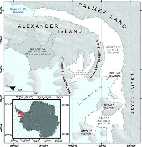 Figure 1. Location of Bach, George VI and Stange Ice Shelves in the Antarctic Peninsula. Wilkins Ice Shelf is not considered in this study, and the reader is directed to CitationBraun et al. (2009) for a thorough structural interpretation. Insert: MODIS Image Mosaic of Antarctic (CitationHaran et al., 2005).