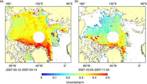 Fig. 3  Spatial distribution maps of estimated uncertainty for sea-ice thickness for the (a) 07FM and (b) 07ON campaign.