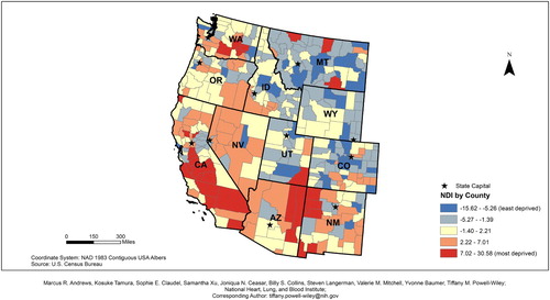 Figure 4. 2010 Western states neighborhood deprivation index (NDI).