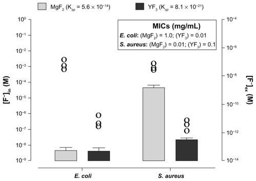 Figure 5 Influence of solubility of YF3 and MgF2 NPs on the F− intracellular and extracellular concentrations.Notes: Fluorine intracellular ([F−]in, columns-left y axis) and extracellular (ie, fluorine concentration in the surrounding media, noted at [F−]ex and represented by circles-right y axis) concentrations of Escherichia coli and Staphylococcus aureus exposed to MgF2 and YF3 NPs at a concentration of 0.01 mg/mL for 2 hours at 37°C. Error bars represent the standard deviation of three independent experiments conducted in triplicate. Each circle represents the mean of one experiment conducted in triplicate. (Insert) The MICs of E. coli and S. aureus exposed, respectively, to MgF2 and YF3 NPs (taken from Figures 4 and S2).Abbreviations: [F−]ex, fluorine extracellular concentration; [F−]in, fluorine intracellular concentration; MgF2, magnesium fluoride; MICs, minimal inhibitory concentrations; NPs, nanoparticles; YF3, yttrium fluoride.