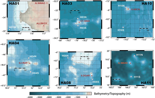 Figure 2. Geometries of the 6 hydrophone array stations and locations with respect to the closest open seismic stations. Each of the hydrophone triads forms an approximate equilateral triangle of sensors with around 2 km from sensor to sensor. The scales vary slightly from panel to panel in an attempt to provide the most useful contextual picture of the stations in relation to their topobathymetric surroundings.