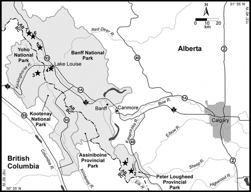 FIGURE 1. Location of Burstall Pass/Lower Burstall Lake area (1.) and locations of other lakes mentioned in text (2. Upper Kananaskis Lake, 3. Lake O'Hara, 4. Lake Louise, 5. Hector Lake, 6. Crowfoot Lake, 7. Bow Lake)