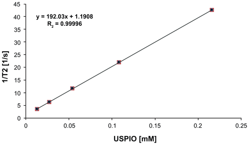 Figure S1 Chitosan–USPIO NPs exhibit superior T2 relaxivity (192.0 mM−1 (Fe) s−1) from 0 to 0.22 mM Fe.