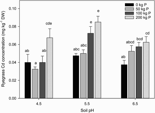 Figure 2. Effect of soil pH and rate of P application on ryegrass Cd concentration (mg kg−1) in DM. Mean (n = 4) and standard error followed by the same letter are not significantly different (P < 0.05).