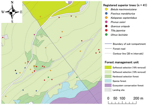 Figure 1. An example of location map for registered superior trees (Compartment no. 56) at the University of Tokyo Hokkaido Forest.