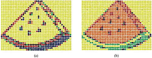 Figure 6. The difference between using RGB and ΔE* is striking when generating image mosaics. The mosaic generated using Euclidean distance within the RGB model is seen in (a) and the image via the ΔE* within the CIELAB model is seen in (b).