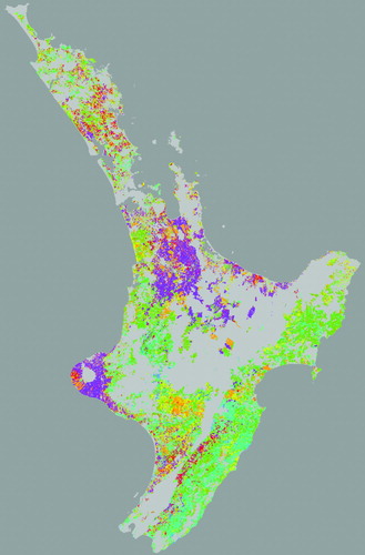 Figure 1  Nitrate leaching (kg nitrate-N ha−1 yr−1) in the North Island: grey (0–2); blue (2–5); teal (5–10); olive green (10–15); yellow (15–20); orange (20–30); red (30–40); purple (>40).