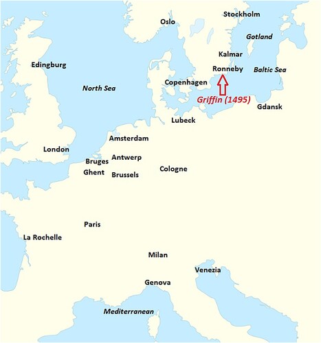 Figure 1. Map showing the location of the site of Grifun/Gribshund and important contemporary places referred to in the text.