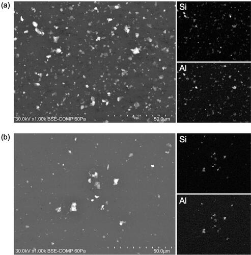 Figure 7. Scanning electron microscopy with energy dispersive X-ray spectrometry mapping images of aerosols collected in Nagoya during (a) 7–10 May and (b) 13–15 May 2021. Elemental mappings for Si and Al are shown in the right column.