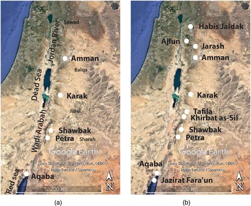 Figure 2 a: Regions and features of physical geography in the Lordship of Transjordan and the Sawad. b: Location of sites in the Lordship of Transjordan and the Sawad mentioned in the text (copyright: Google Earth).