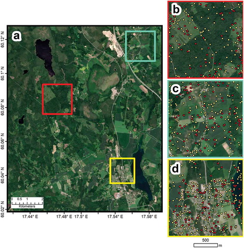 Figure 5. Overview of the training (yellow dots) and evaluation (red dots) samples in selected parts of the study area: (a) The full study area; (b) red box: within the vicinity of the Norunda research station; (c) turquoise box: agricultural fields of Örbyhus in the northeast of the study area; (d) yellow box: the town of Björklinge in the southeast..
