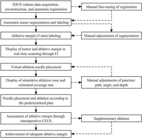 Figure 2. Flowchart of 3DUS FI technique.Abbreviations: 3DUS: three-dimensional ultrasound, FI: fusion imaging, CEUS: contrast-enhanced ultrasound