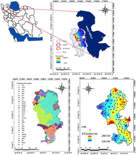 Figure 1. General location of the study area with geological map and spatial distribution of EC values.