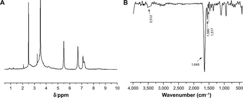 Figure 1 (A) Citation1H NMR spectra of mPEG-g-PEI and (B) FTIR of mPEG-g-PEI.Abbreviations: Citation1H NMR, proton nuclear magnetic resonance; mPEG-g-PEI, polyethylene glycol methyl ether grafted polyethylenimine; FTIR, Fourier transform infrared.