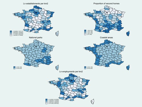 Figure A2. Spatial distribution of the independent variables. Source: Insee and own calculations.