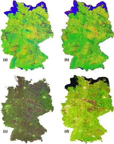Figure 5. Comparison of TimeScan–Landsat–2015 (a), TimeScan–Sentinel–2–2015 (b), TimeScan–ASAR–2012 (c) and TimeScan–Sentinel–1–2015 (d) for the area of Germany.