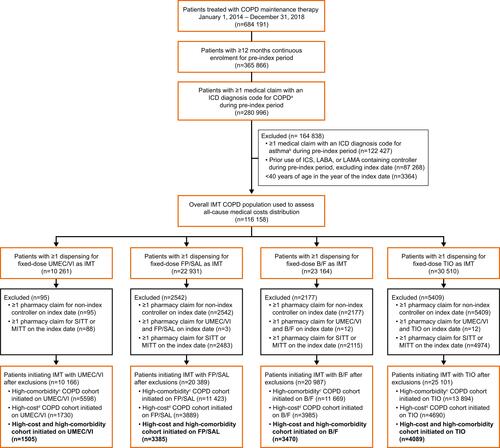 Figure 2 Patient disposition. aICD codes for COPD are shown in Table S1. bICD codes for asthma included ICD-9-CM: 493.xx; ICD-10-CM: J45.3, J45.4, J45.5, J45.9. cHigh-comorbidity patients were defined as having a pre-index Quan-CCI score ≥3. dHigh-cost patients were defined as those with pre-index all-cause medical costs exceeding the 80th percentile of the cost distribution in the overall IMT COPD population.