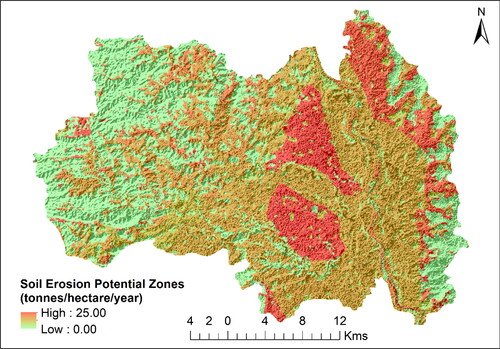 Figure 4. Spatial estimation of potential soil erosion rates in the Kangsabati River basin using the RUSLE model, expressed in tonnes per hectare per year.