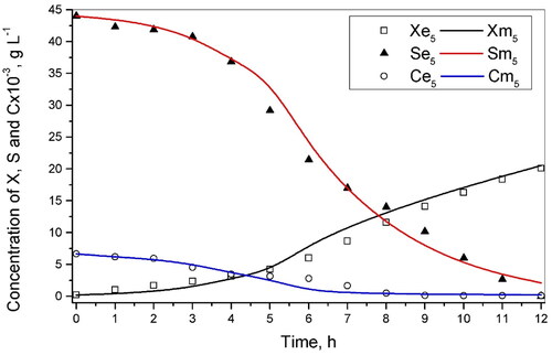 Figure 5. Concentration of biomass, lactose and oxygen for the tested results of the 5th batch experiment. Xej, Sej and Cej – experimental data of biomass, lactose and oxygen concentration for 5th and 6th test batch processes; Xmj, Smj and Cmj (j = 5, 6) – simulated data, respectively.
