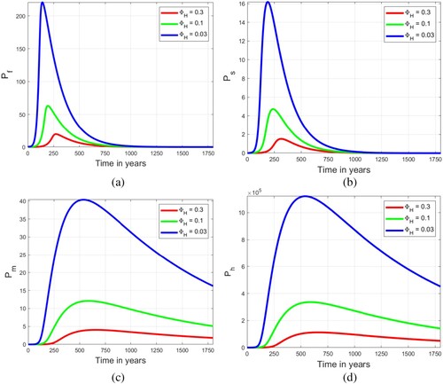 Figure 10. The evolution of microscale variables Pf,Ps,Pm and Ph for different values of the macroscale parameter ΦH:ΦH=0.3,ΦH=0.1 and ΦH=0.03 for the embedded multiscale model of hookworm infection of scale order 1 (Equation23(23) {1.dSH(t)dt=ΛH−βHPH(t)SH(t)P0+PH(t)−μHSH(t),2.dIH(t)dt=βHPH(t)SH(t)P0+PH(t)−(μH+δH)IH(t),3.dPF(t)dt=[IH(t)+1]αhPh(t)−(μF+αF)PF(t),4.dPM(t)dt=αFPF(t)−(μM+αM)PM(t),5.dPH(t)dt=αMPM(t)−αHPH(t),6.dPf(t)dt=βHPH(t)[SH(t)−1][P0+PH(t)]ΦH[IH(t)+1]−(μf+αf)Pf(t),7.dPs(t)dt=αfPf(t)−(μs+αs)Ps(t),8.dPm(t)dt=ϕsαsPs(t)−μmPm(t),9.dPh(t)dt=αmPm(t)−(μh+αh)Ph(t).(23) ).