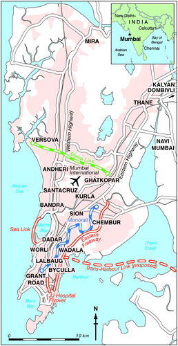 Figure 2 Selection of major transport projects recently completed or under construction in Mumbai (cartography by Miles Irving)