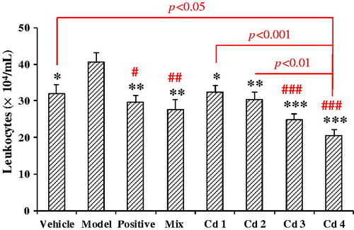 Figure 5. Effects of compounds 1–4 on the acute airway inflammation induced by ammonia liquor in mice, taking the number of leukocytes in BALF as an indicator. Compounds 1–4 and their mixture in the ratio as in EtE were administrated at 20 mg/kg, respectively. Prednisone acetate (10 mg/kg) was taken as a positive control, and the vehicle was administered with 0.5% CMC-Na. Values were expressed as mean ± SE (n = 9–10). Statistical significance was determined with Student's t-test, *p < 0.05, **p < 0.01, and ***p < 0.001, or by the Bonferroni correction (in red), #p < 0.05, ##p < 0.01, and ###p < 0.001, comparing with the model.