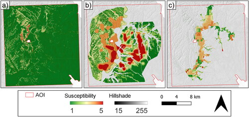 Figure 3. Susceptibility map for landslides (a), sinkholes (b) and subsidence (c) within the area of interest (AOI).