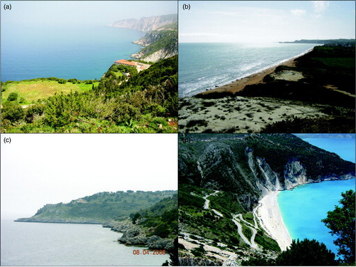 Figure 8. (a) Marine terraces at 90 m a.s.l. Steep faulted limestone cliffs are also seen in the background. Cape Schiza, western coast of Paliki; (b) The lowest marine terrace (2–16 m a.s.l.) photographed from the second terrace west of Cape Ag. Georgios, southern shore of Paliki; (c) Uplifted marine terraces and notch at Cape Kapri, SE area of the island; (d) The pocket beach of Myrtos.