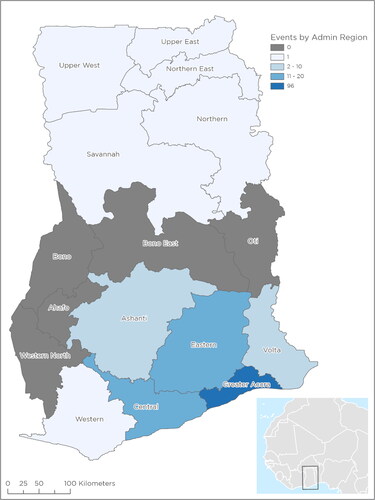 Figure 2. Uneven spatial geographies of YOR2019 events and festivals (colour).