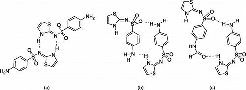Figure 5 (a) Dimers found in sulfathiazole form I; (b) dimers found in sulfathiazole forms II, III and IV; (c) putative pseudo-dimers.