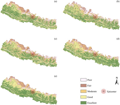 Figure 5. Spatial distribution of RSEI in Nepal from T0 to T4: (a) RSEI in T0; (b) RSEI in T1; (c) RSEI in T2; (d) RSEI in T3; (e) RSEI in T4.