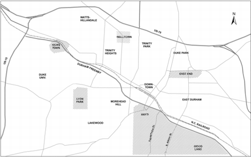 Figure 1. Central Durham (NC) showing places and features mentioned. Hatching indicates African-American neighborhoods circa 1945.