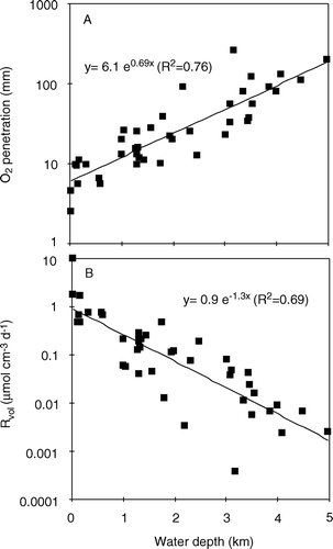 Figure 15.  The in situ O2 penetration depth (A) and the average in situ volume-specific O2 consumption rates (B) as a function of water depth compiled from a broad range of non-photic environments. Rvol is calculated by dividing the DOU with the O2 penetration depth (data extracted or calculated from Glud et al 1994a, 1998a, 1999a, 2003; Wenzhöfer et al. Citation2001a, Citationb; Wenzhöfer & Glud Citation2002).