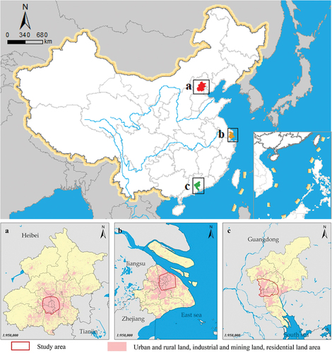 Figure 1. Specific study areas in three Chinese cities: (a) Beijing, (b) Shanghai, and (c) Guangzhou.