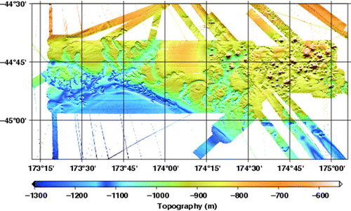 Figure 3  Multibeam bathymetry of a portion of the Chatham Rise showing pockmarked and volcanic terrain. These data were collected largely during the MOANA deployment (cruise TN229) and recovery cruises (cruise RR1002), with some lines from other historical cruises.