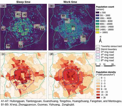 Figure 5. Spatial patterns of derived baseline population maps. Populations during sleep time (a) and work time (b); Population density map at the administrative unit of level 4 during sleep time (c) and work time (d).