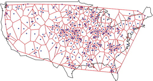 Figure 4. Map of locations for the 319 stations with precipitation data (dots). Thiessen polygons for each station within the convex hull of the stations are also depicted.