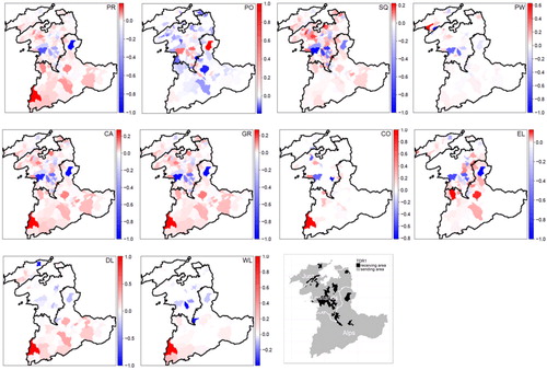 Figure 8. Differences in ESs and biodiversity indicators (average values of 30 simulations) between TDR1 development and BAU development. Red areas: TDR1 > BAU. Blue areas: TDR1 < BAU (colour online).