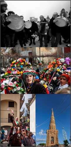 Figure 5. (a) Carnival of Montemarano, (b) Zeza of Mercogliano, (c) Cavalcata di Sant Anna of San Mango sul Calore, (d) Il giglio of Flumeri. (Photo courtesy of Bocchino G.).