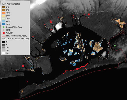 Figure 8. Tidal wetlands with % of example year inundated. Vegetation coverage is modified from the Ecological Covertype Map, Version 2, developed by the Natural Areas Conservancy (Forgione et al. 2015). The vegetation layer is only available for New York City and a small area of tidal wetlands outside the city’s political boundary are excluded here. Water-level time series are from Year 2013 at USGS Tide Gage 01311850 (Jamaica Bay at Inwood). Vertical adjustments were made using vData version 3.3. Land elevation data is from the USGS 1m National Elevation Dataset.