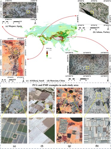 Figure 1. Study areas. (a)∼(d) are maps of four study areas; (e)∼(h) are PCG and PMF images.