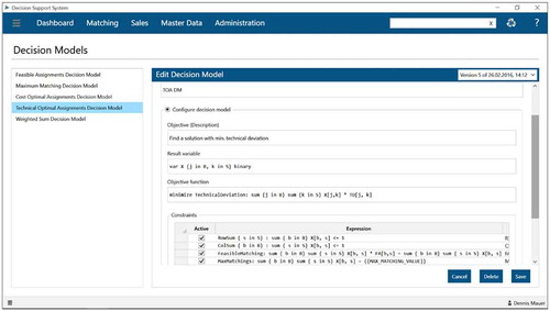 Figure 7. User interface of the model-base management system for building decision models (design phase)