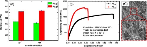 Figure 3. (a) Micro-Vickers hardness of Al0.2 and Al0.5 after hot forging (HF) and after homogenisation (HM) at 1200°C for 6 hr (b) Compression flow behaviour of Al0.2 and Al0.5 in homogenisation condition. (c) the fracture surface of the Al0.5 in HM condition.