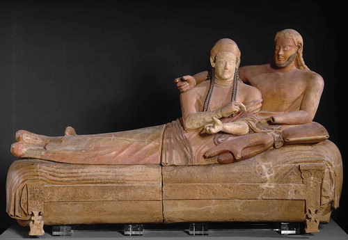 Figure 4. Textiles are desirable for their conspicuous sensory appeal. The painted terracotta Sarcophagus of the Spouses, Cerveteri, 520–510 BC, shows a couple reclining on their banqueting bed (kline) covered in textiles. The textiles are the most conspicuous material on the monument, their appeal is in the sensory colour, soft folds and drape. Sarcophagus height 111 cm, length 194 cm, width 69 cm (© Musée du Louvre).