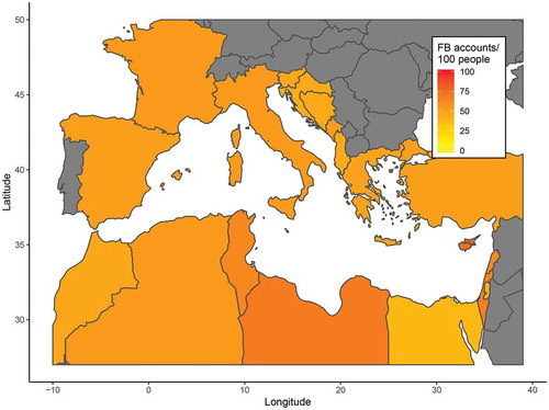 Figure 5. Pattern of Facebook accounts in the countries facing the Mediterranean Sea (source napoleoncat.com), showing that public access to new technology is uniform in the area, with good opportunities for CS to reach users