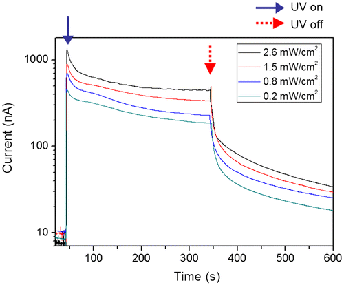 Figure 6. Photocurrent outputs at various UV intensities.